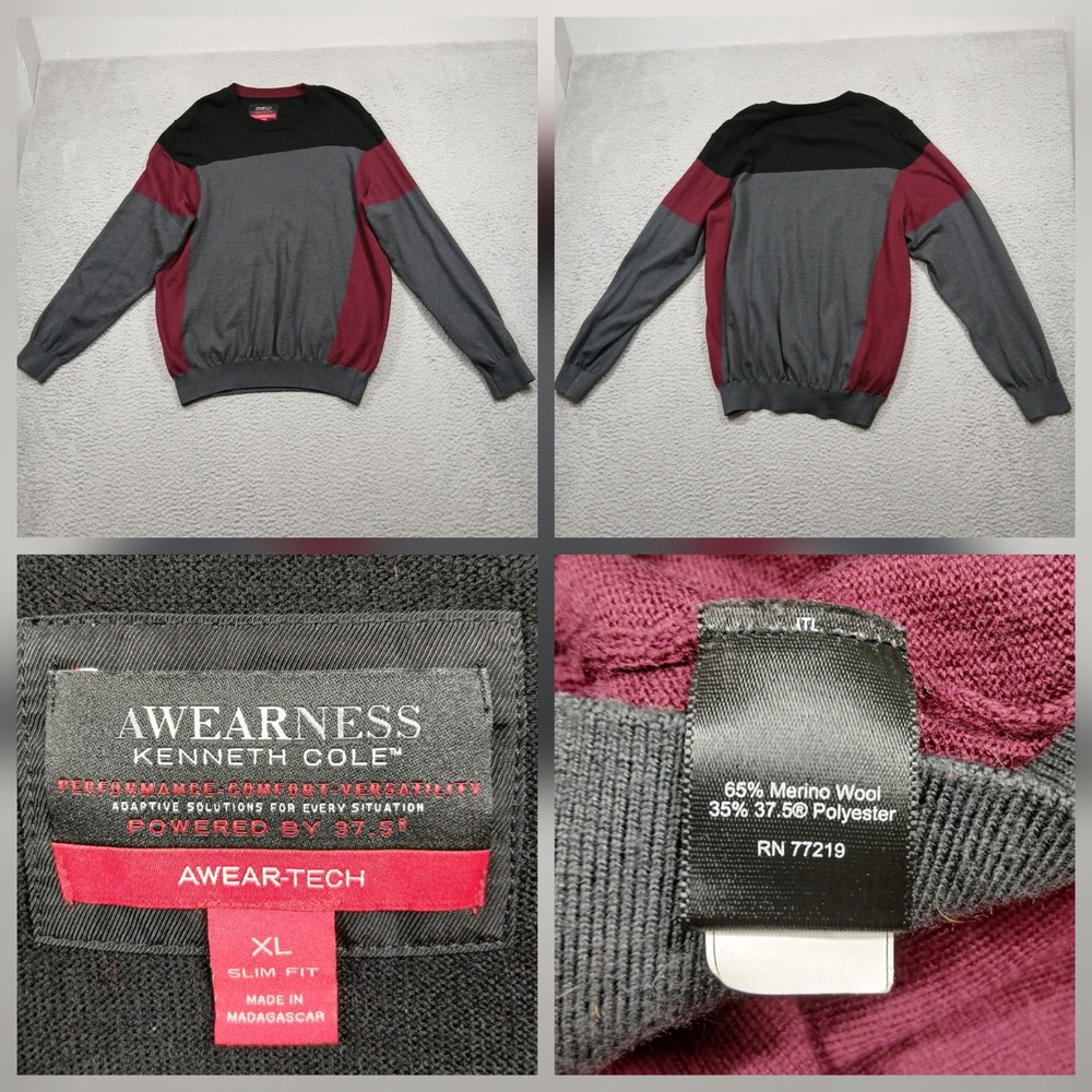 Kenneth Cole AWEARNESS Sweater Mens XL Gray Burgundy Merino‎ Wool Slim Fit